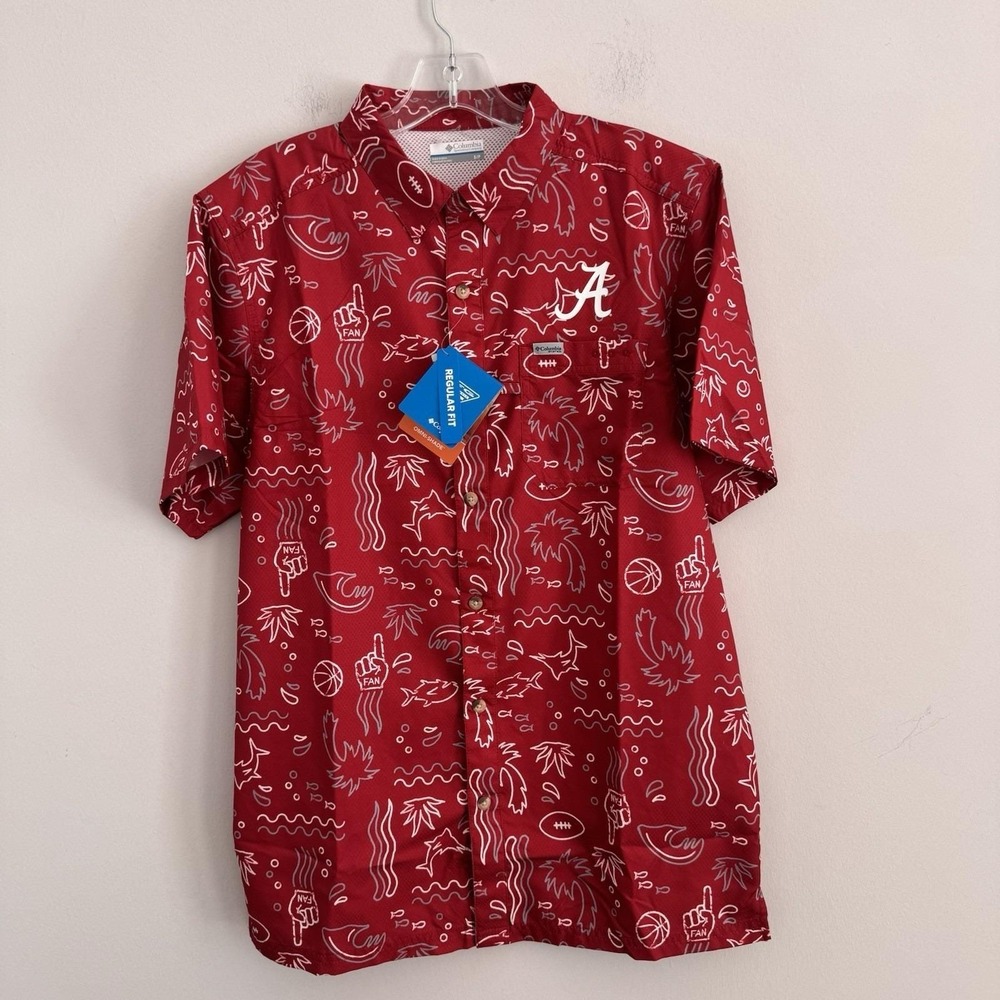 Columbia PFG Alabama Crimson Tide Tamiami Shirt Mens Small Crimson Allover Print